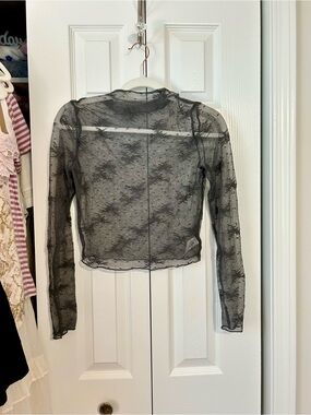 aerie Sheer Charcoal Long Sleeve Lace Crop Top